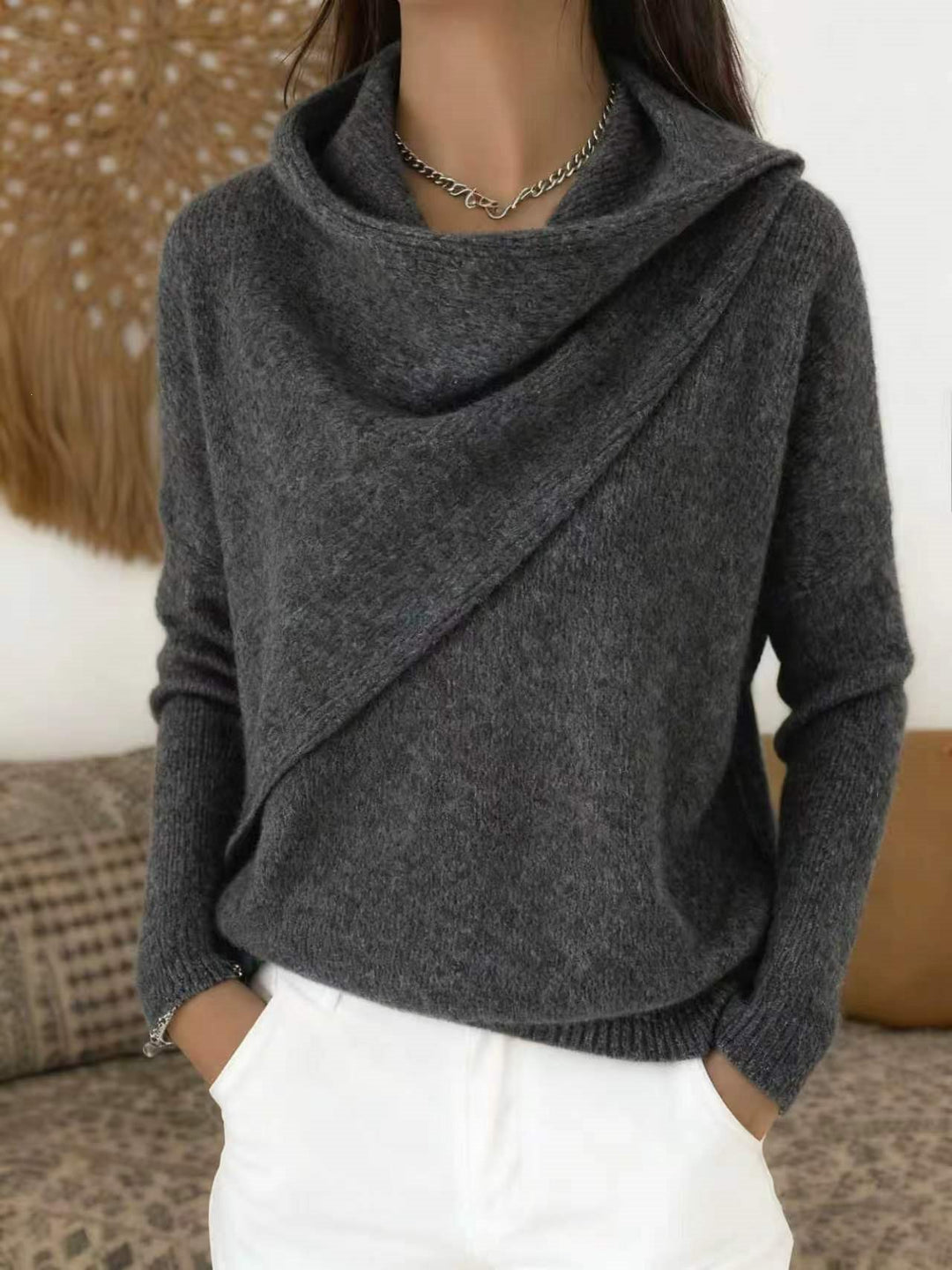 Damen Asymmetrischer Grobstrick-Pullover mit Schalkragen Nord Taschen