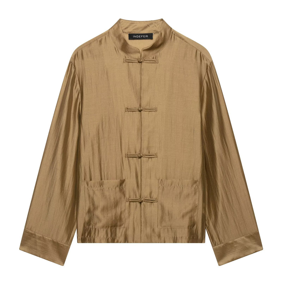 Damen Chinesisch-inspirierte Hemdjacke mit Stehkragen und Knotenknöpfen Nord Taschen