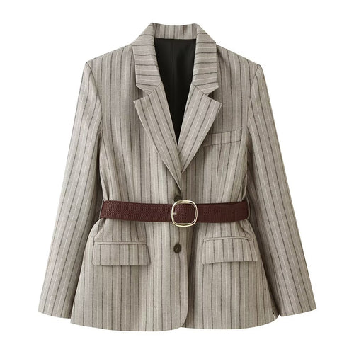 Damen Taillierter Leinenmix-Blazer mit Nadelstreifen, Pattentaschen und Taillengürtel-Detail Nord Taschen