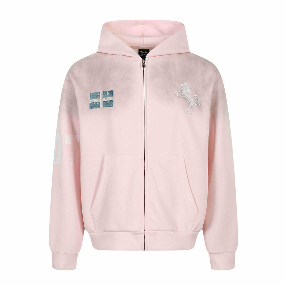 Damen Zip-Hoodie mit gesticktem Einhorn-Motiv und Musikpatch Nord Taschen
