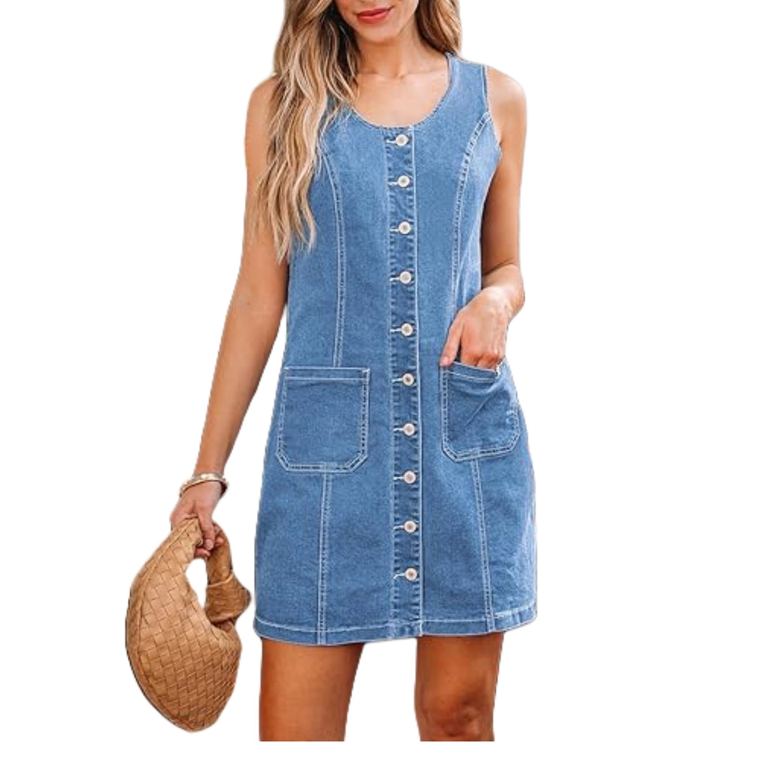 Damen Ärmelloses Jeans-Minikleid mit durchgehender Knopfleiste und aufgesetzten Taschen Nord Taschen