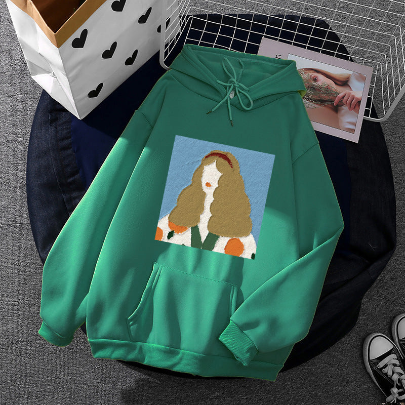 Damen nan Kapuzenpullover mit kunstvoller Chenille-Stickerei im Portraitstil und Kängurutasche Nord Taschen
