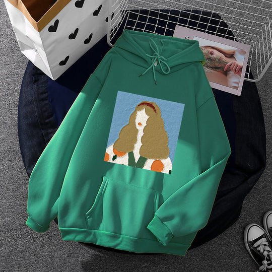 Damen nan Kapuzenpullover mit kunstvoller Chenille-Stickerei im Portraitstil und Kängurutasche Nord Taschen