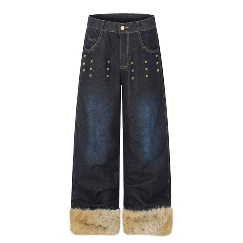 Damen Weite Denim-Palazzo-Jeans mit Fellbündchen und Nieten Nord Taschen