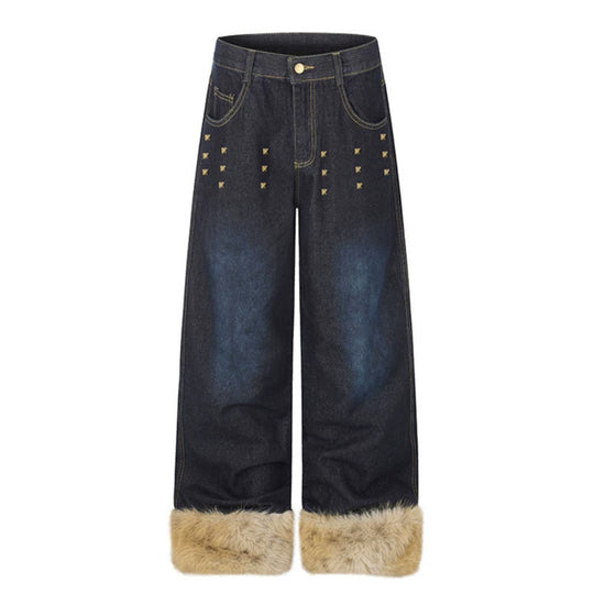 Damen Weite Denim-Palazzo-Jeans mit Fellbündchen und Nieten Nord Taschen