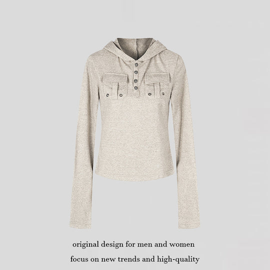 Damen Leichtes Kapuzen-Langarmshirt mit Henley-Knopfleiste und aufgesetzten Brusttaschen Nord Taschen