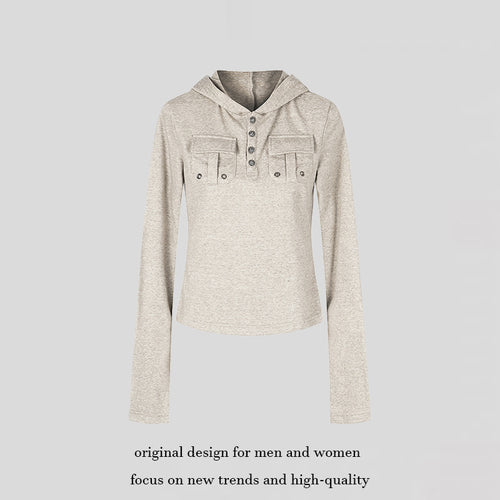 Damen Leichtes Kapuzen-Langarmshirt mit Henley-Knopfleiste und aufgesetzten Brusttaschen Nord Taschen