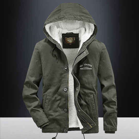 Herren Canvas-Kapuzenjacke mit durchgehendem Teddyfutter, Zwei-Wege-Reißverschluss und Kordzugsaum Nord Taschen