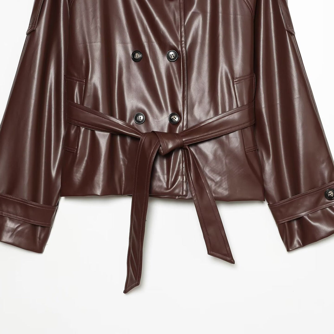 Damen Cropped Kunstlederjacke mit hochgeschlossenem Funnelkragen und Taillenband Nord Taschen