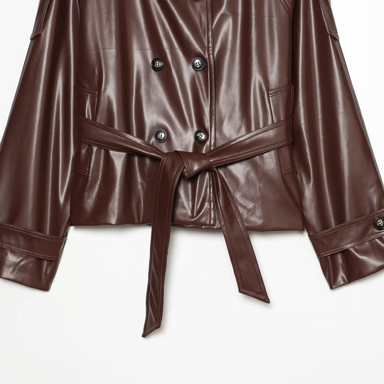 Damen Cropped Kunstlederjacke mit hochgeschlossenem Funnelkragen und Taillenband Nord Taschen
