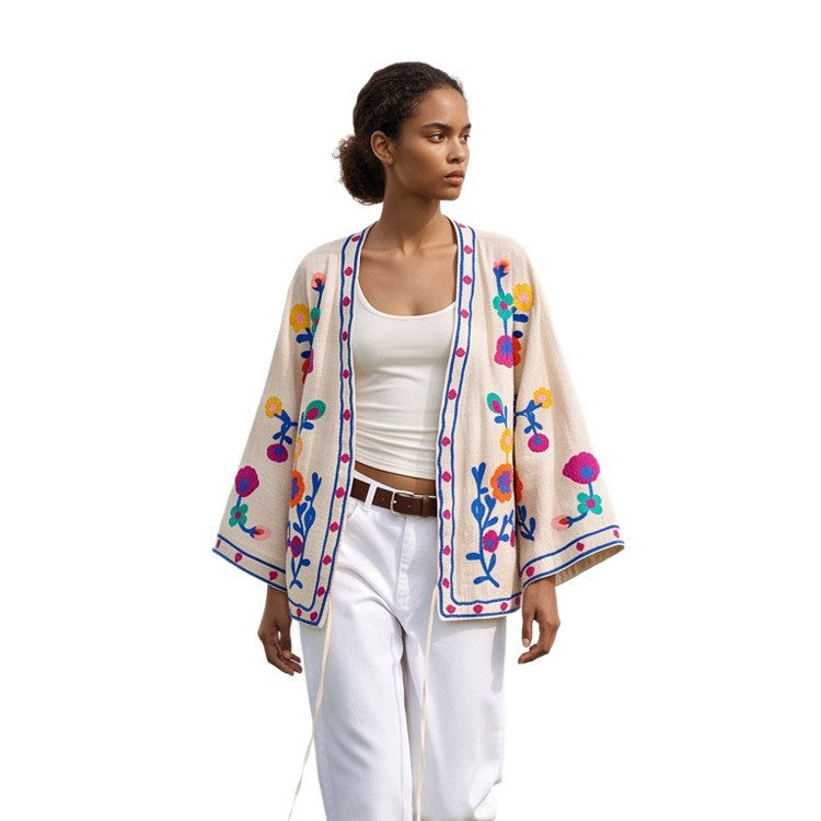 Damen bestickte Leinen‑Überwurfjacke mit folkloristischen Blumenapplikationen Nord Taschen