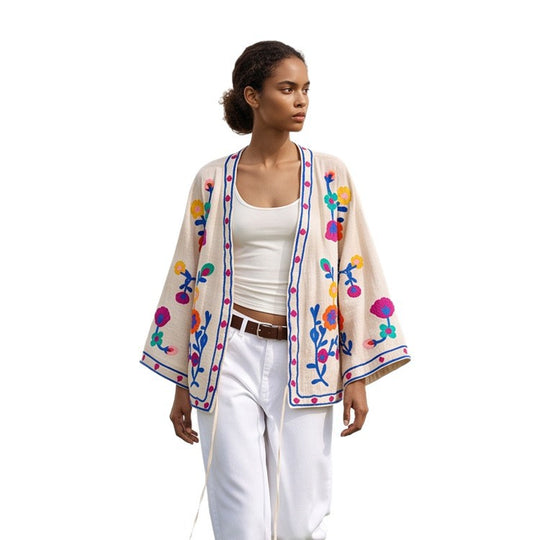 Damen bestickte Leinen‑Überwurfjacke mit folkloristischen Blumenapplikationen Nord Taschen