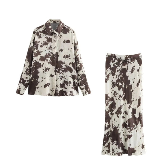 Damen 70+ weite seidige Hemdbluse mit Cow‑Print und verdeckter Knopfleiste Nord Taschen