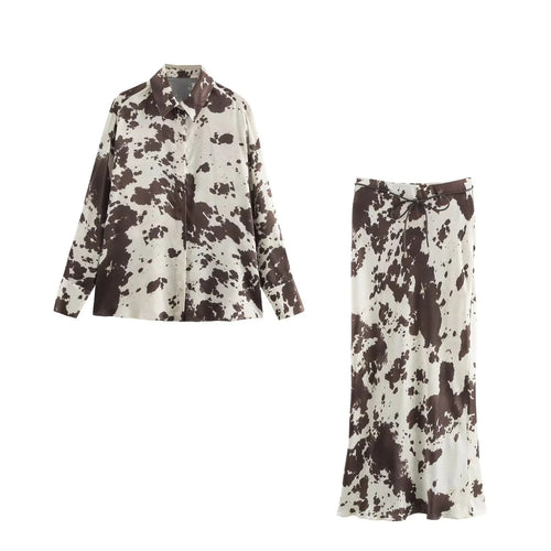 Damen 70+ weite seidige Hemdbluse mit Cow‑Print und verdeckter Knopfleiste Nord Taschen