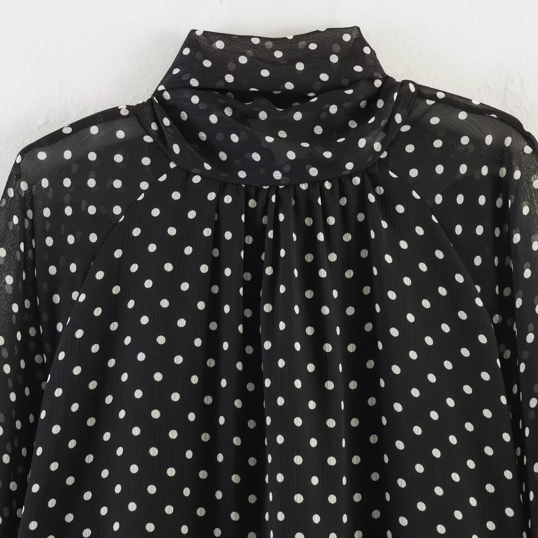 Damen Polka-Dot Bluse mit hohem Stehkragen, gerafftem Ausschnitt und Ballonärmeln Nord Taschen