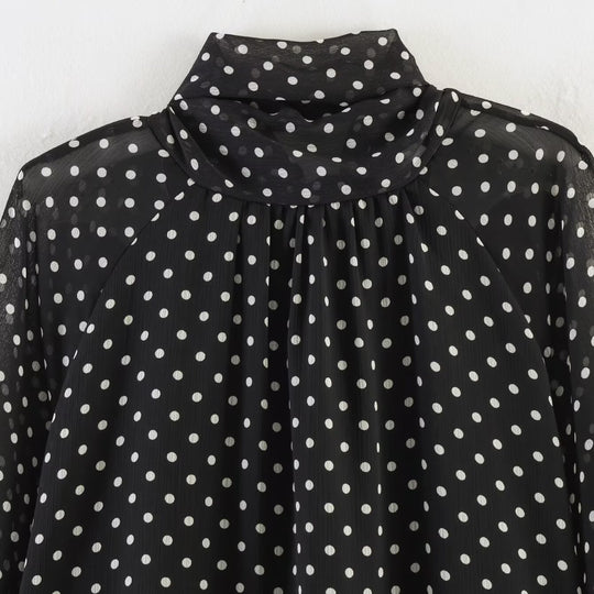 Damen Polka-Dot Bluse mit hohem Stehkragen, gerafftem Ausschnitt und Ballonärmeln Nord Taschen