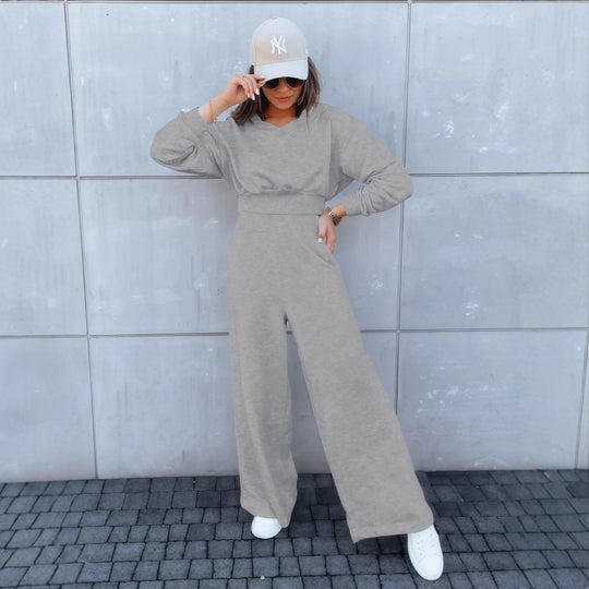 Damen Loungewear-Set mit Cropped V‑Ausschnitt-Pullover und hochtaillierter Palazzohose Nord Taschen