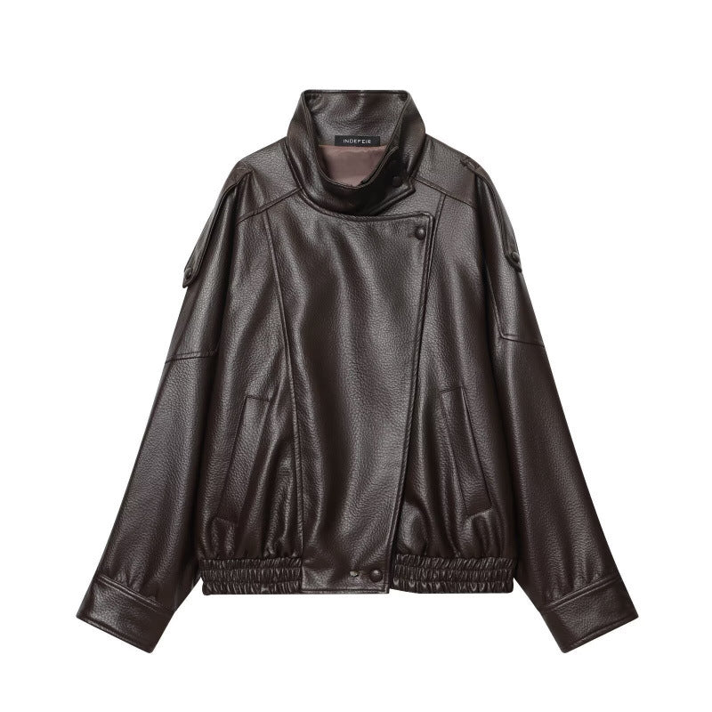 Damen Cropped Kunstleder‑Bomber mit asymmetrischer Druckknopfblende und Funnelkragen Nord Taschen