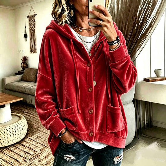 Damen Oversize Kapuzen-Samtjacke mit Knopfleiste und aufgesetzten Taschen Nord Taschen