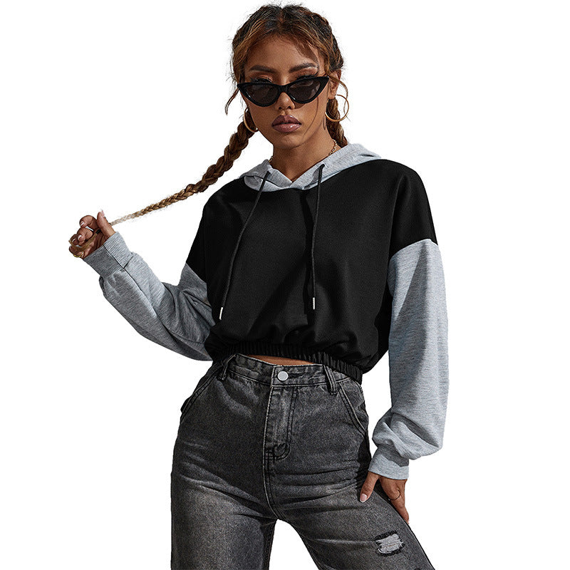 Damen Cropped-Kapuzenpullover mit Colorblock, Kordelzug und elastischem Saum Nord Taschen