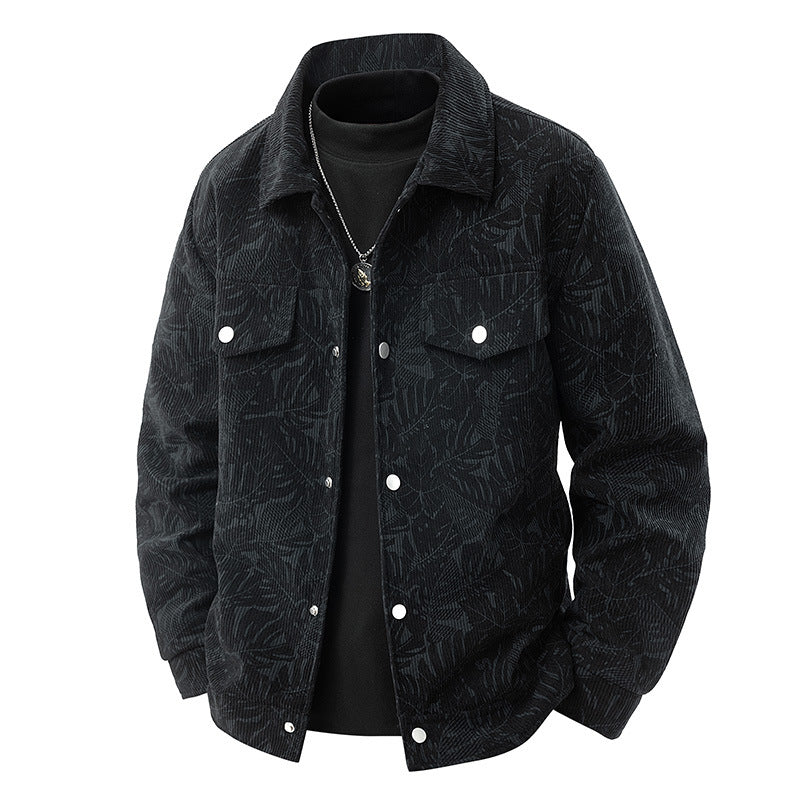 Herren Cord-Truckerjacke mit Jacquard-Blattmuster und Druckknopfleiste Nord Taschen
