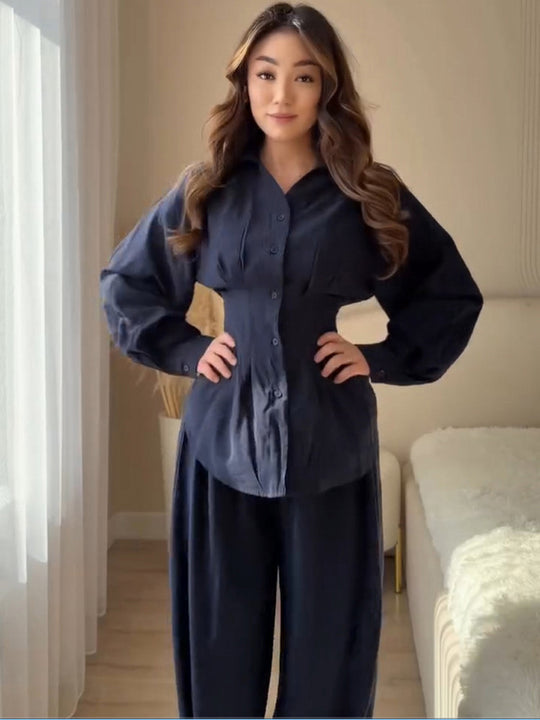 Damen Elegantes zweiteiliges Satin-Loungewear-Set mit taillierter Bluse und weitem Hosenbein Nord Taschen