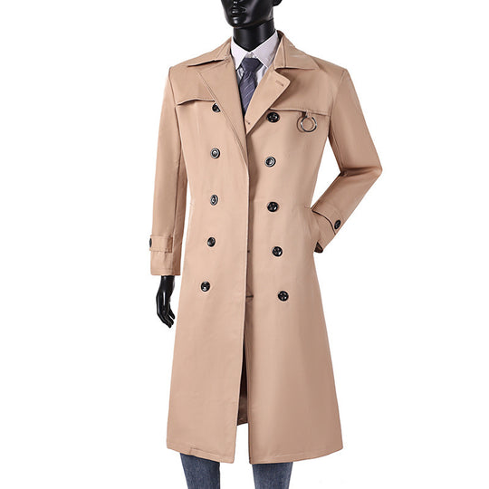 Herren Doppelreihiger Trenchcoat mit Taillierung, Reverskragen und dekorativem Metallring Nord Taschen