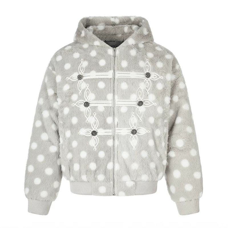 Damen Kapuzen-Fleecejacke im Bomberstil mit Polka‑Dot und dekorativen Froschknopf-Details Nord Taschen