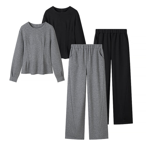 Damen Zweiteiliges Lounge‑Set aus Stretch‑Jersey mit Rundhalsausschnitt und hochtaillierter Weitbein‑Hose Nord Taschen