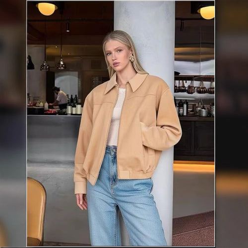 Damen Kurzjacke aus Velourslederoptik mit Reißverschluss und elastischem Saum Nord Taschen