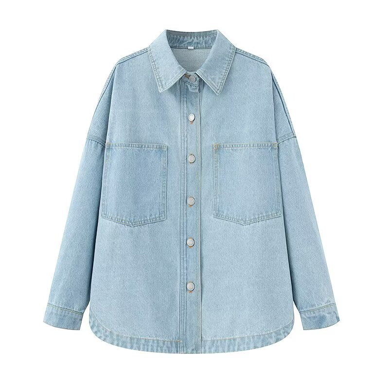 Damen Oversize Jeans-Hemdjacke im Boxy-Schnitt mit aufgesetzten Brusttaschen und Rundsaum Nord Taschen
