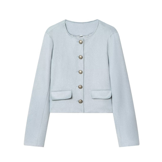 Damen Taillierte Cropped‑Bouclé‑Jacke mit Zierknopfleiste und Pattentaschen Nord Taschen