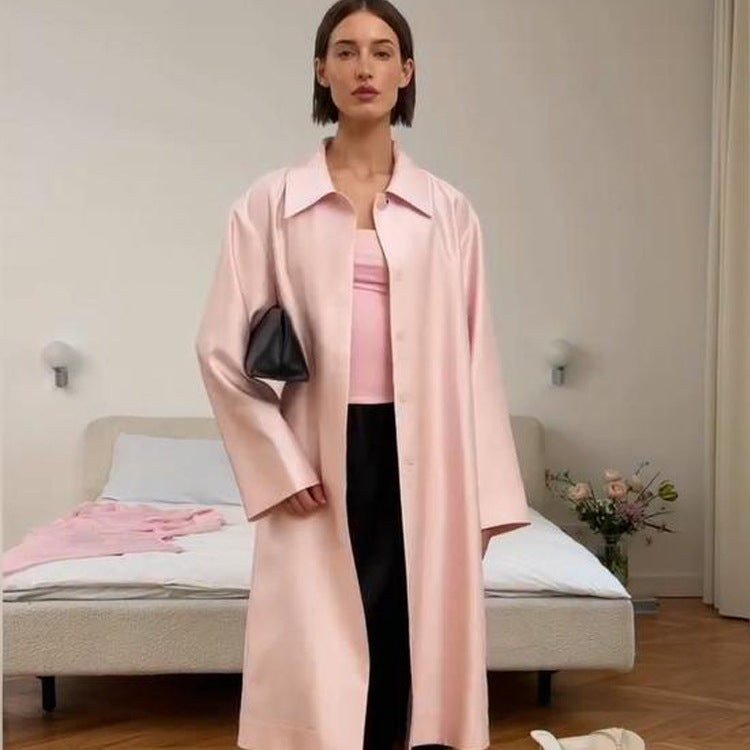 Damen leichter satinähnlicher Longmantel im Oversize-Schnitt mit weitem Revers Nord Taschen
