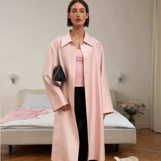 Damen leichter satinähnlicher Longmantel im Oversize-Schnitt mit weitem Revers Nord Taschen