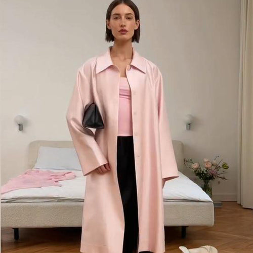 Damen leichter satinähnlicher Longmantel im Oversize-Schnitt mit weitem Revers Nord Taschen