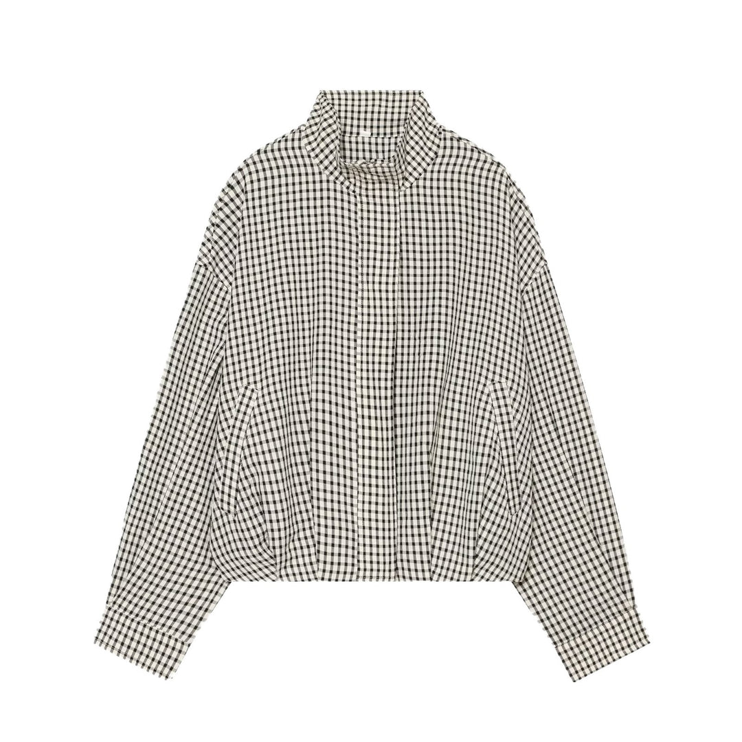 Damen Cropped Boxy-Jacke im Vichy-Karo mit Funnelkragen und verdeckter Knopfleiste Nord Taschen