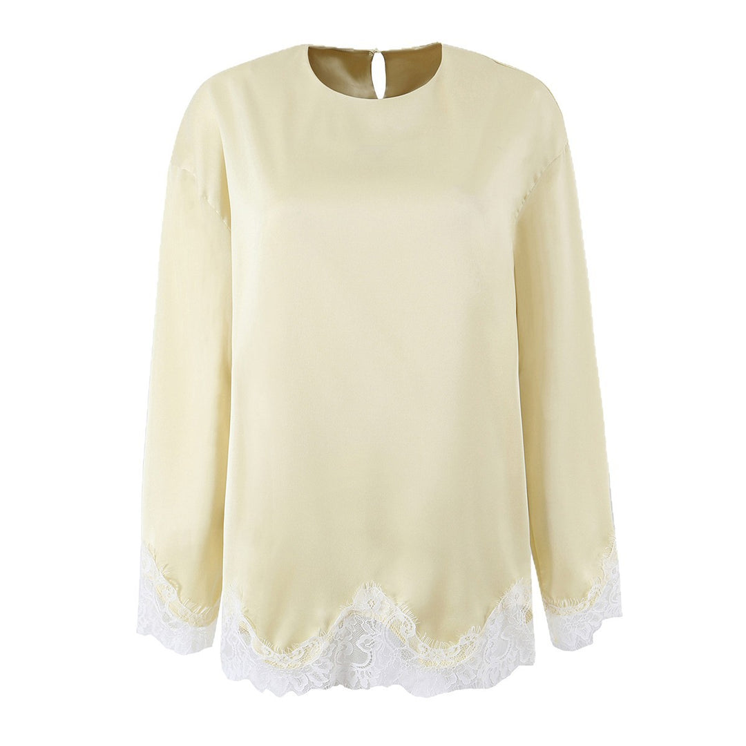 Damen Seidiges Langarmshirt mit Spitzenbesatz am Saum und Manschetten Nord Taschen