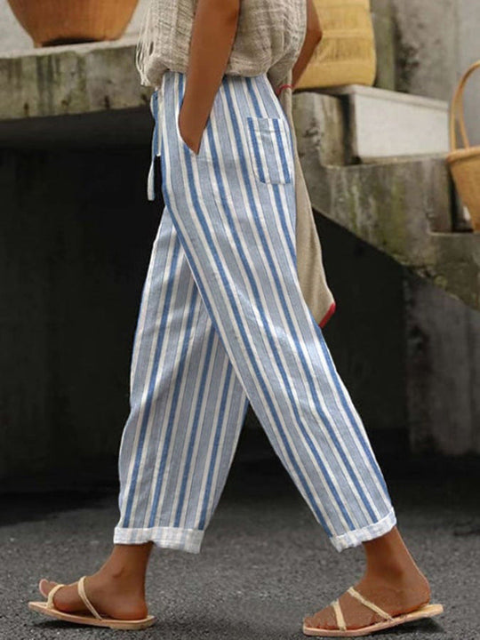 Damen Weite Leinenhose mit handgewNord Taschentem Muster