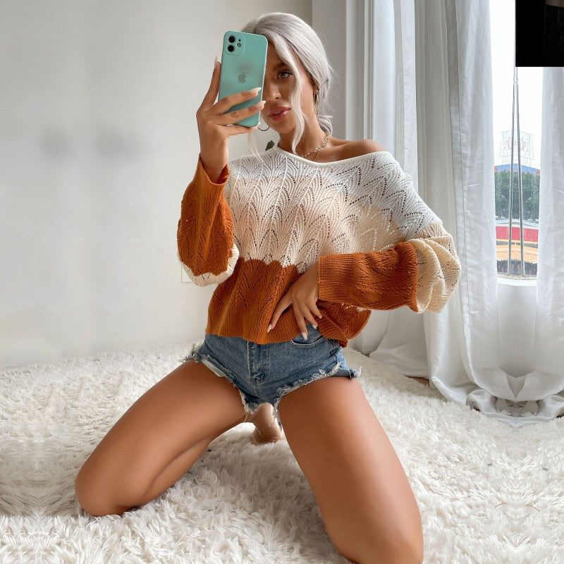 Damen Oversize-Ajourstrickpullover mit Carmen-Ausschnitt, Ballonärmeln und geripptem Saum Nord Taschen