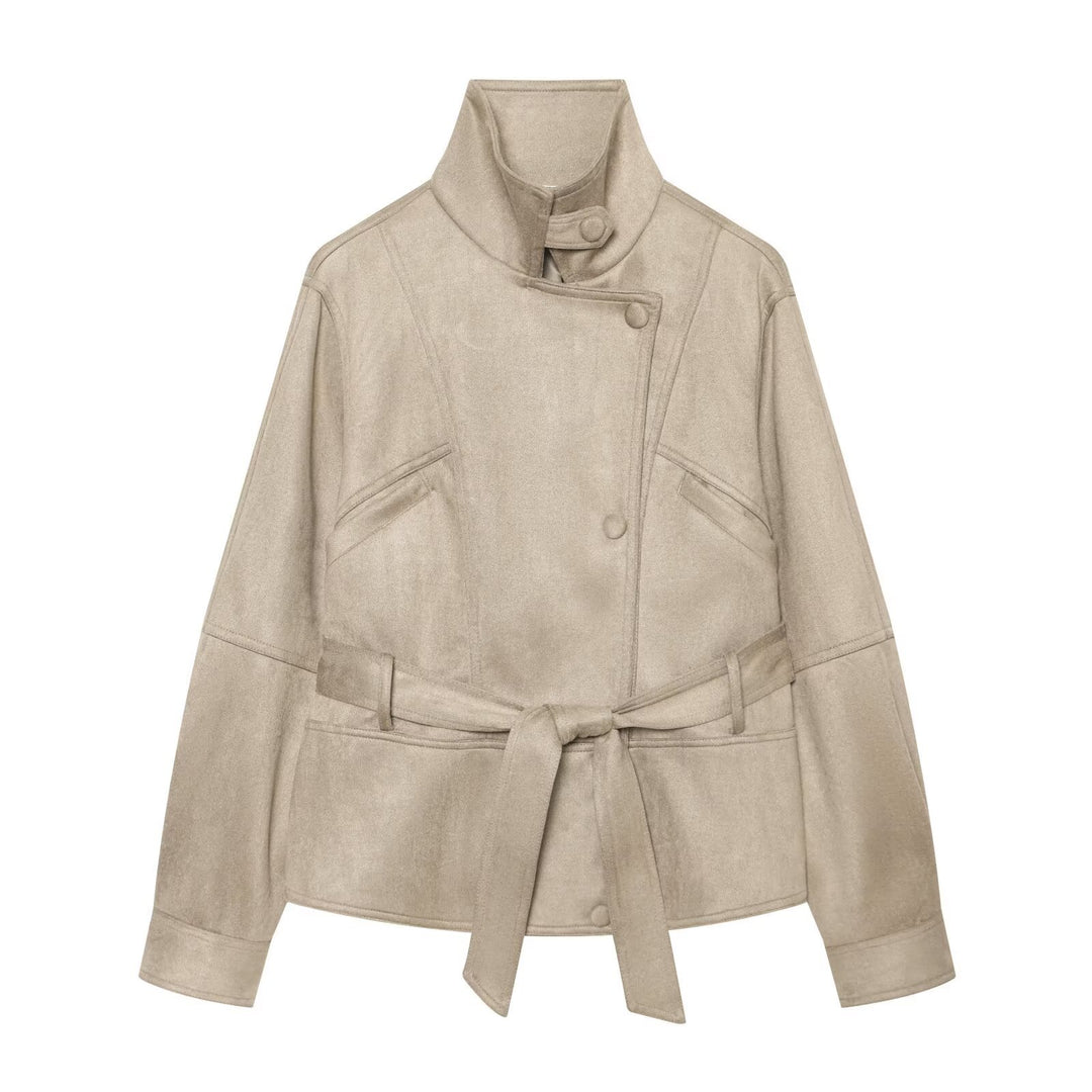 Damen Taillierte Kurzjacke aus weichem Veloursimitat mit asymmetrischer Knopfleiste und Bindegürtel Nord Taschen