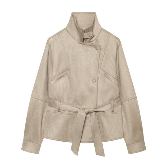 Damen Taillierte Kurzjacke aus weichem Veloursimitat mit asymmetrischer Knopfleiste und Bindegürtel Nord Taschen
