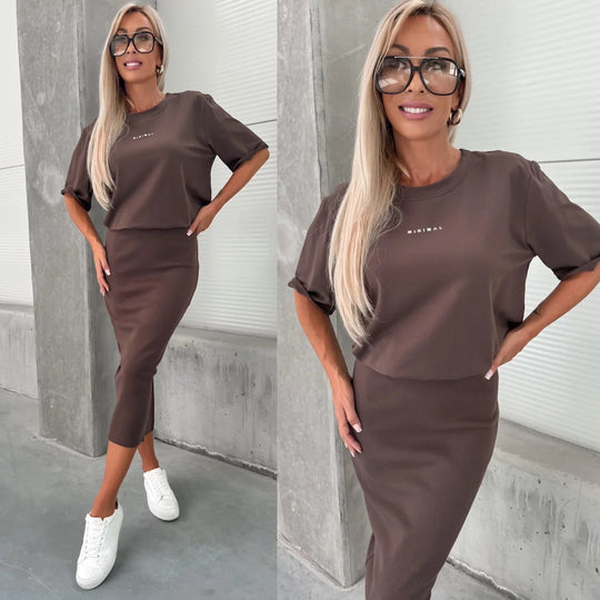 Damen lässiges Zweiteiler-Set aus Feinstrick mit oversized Shirt und Midi-Bleistiftrock mit Seitenschlitz Nord Taschen