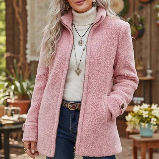 Damen Kuscheliger Teddy-Cardigan-Mantel mit Stehkragen, verdecktem Reißverschluss und Zierknopfmanschetten Nord Taschen
