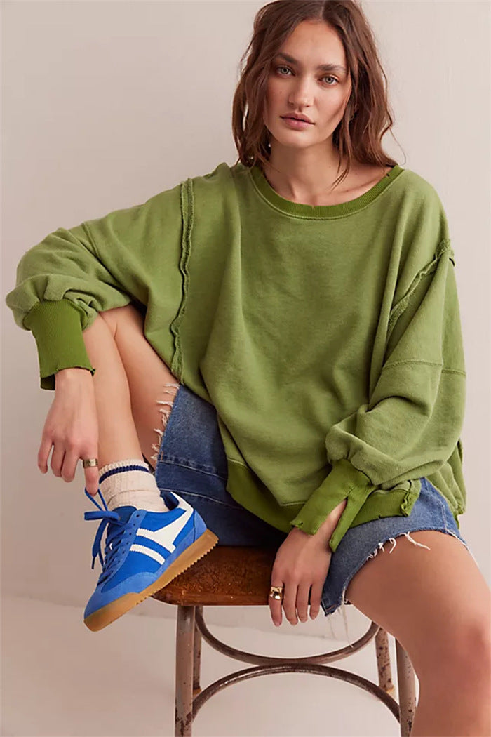 Damen oversized Sweatshirt mit Ballonärmeln, offenen Saumnähten und seitlichen Schlitzen Vittorelli