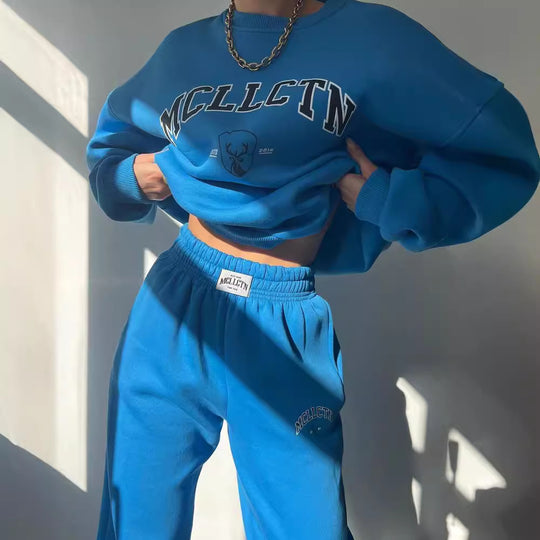 Damen Oversized College-Sweatshirt und High-Waist-Jogger-Set aus French-Terry Nord Taschen