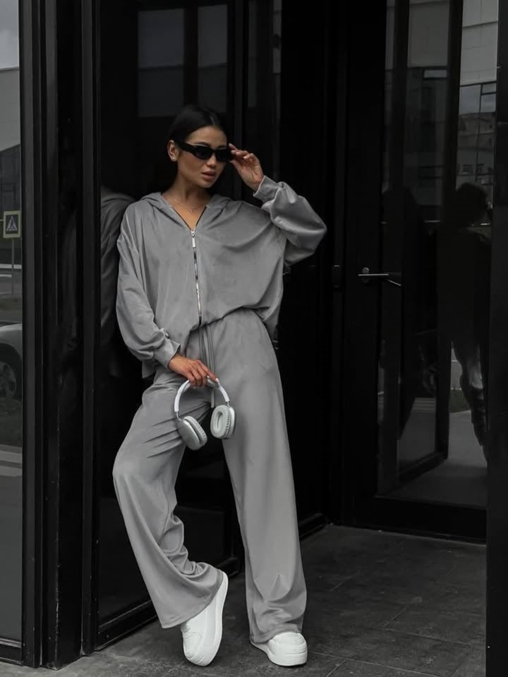 Damen luxuriöses Velours-Lounge-Set mit kurzem Reißverschluss-Hoodie und weitem High-Waist-Hose Nord Taschen