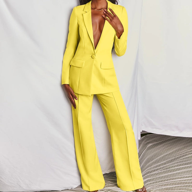 Damen Eleganter Zweiteiliger Anzug mit tailliertem Longblazer und weitem Bügelfalten-Hosenbein Nord Taschen