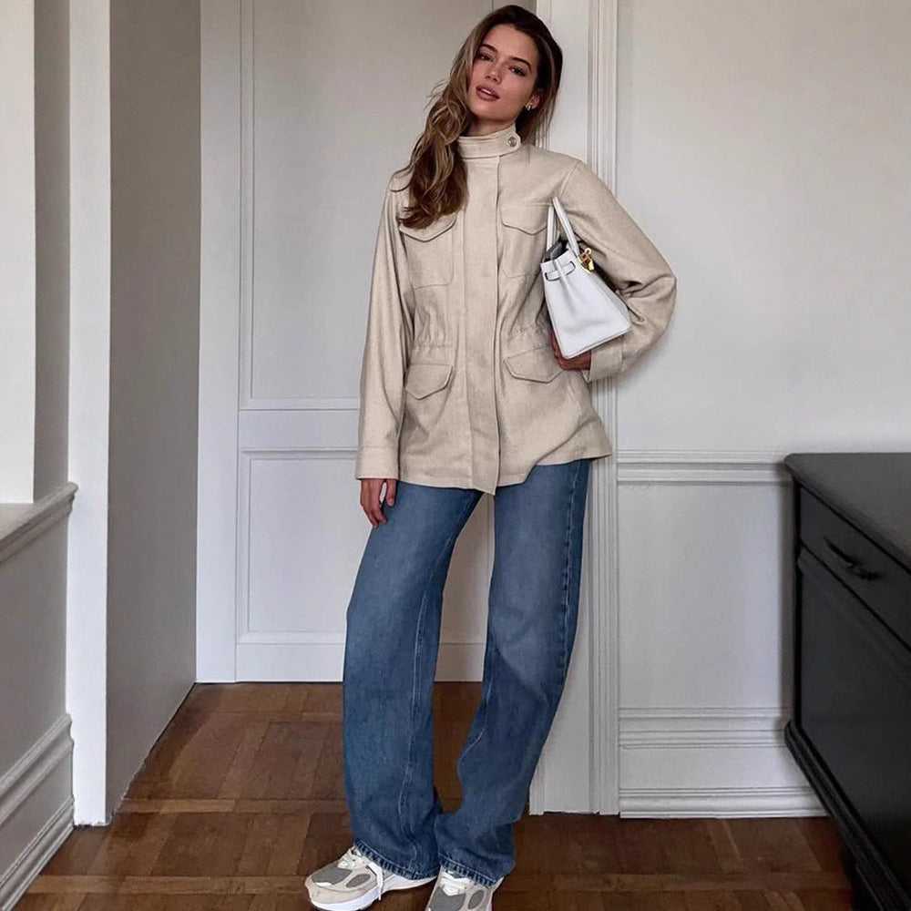 Damen Oversize Fieldjacke aus Wollmix mit Stehkragen und aufgesetzten Pattentaschen Nord Taschen
