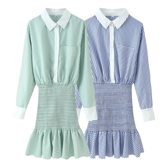 Damen Gestreiftes Hemdblusenkleid mit Taillen-Smokung, Schößchen und Kontrastkragen Nord Taschen