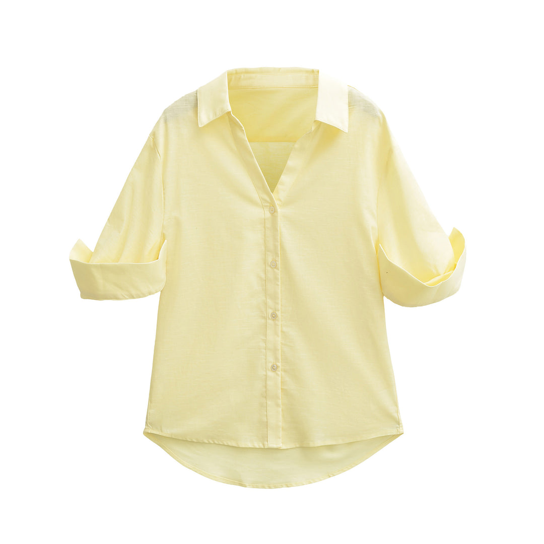Damen Leichte Oversize Leinenoptik-Bluse mit Kentkragen und krempelbaren Ärmeln Nord Taschen
